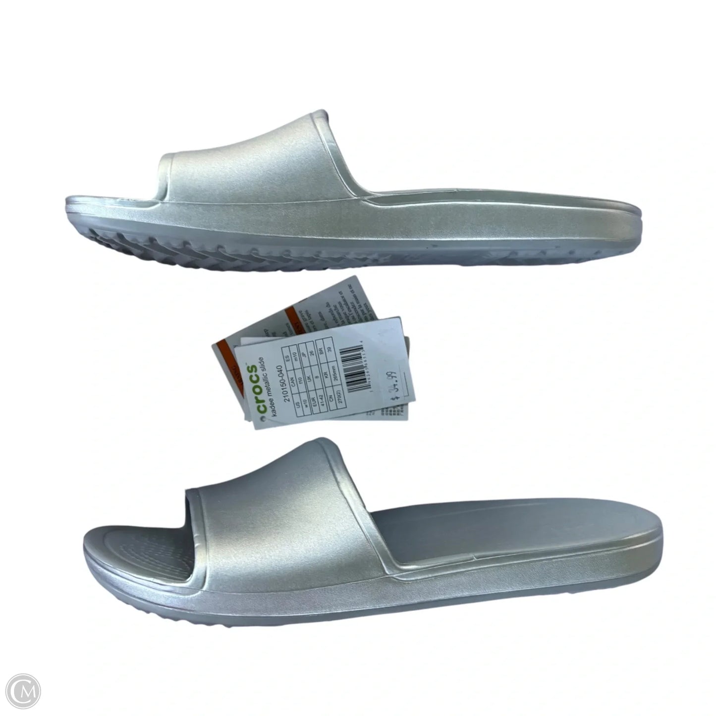 Sandals Flip Flops By Crocs In Silver, Size: 10