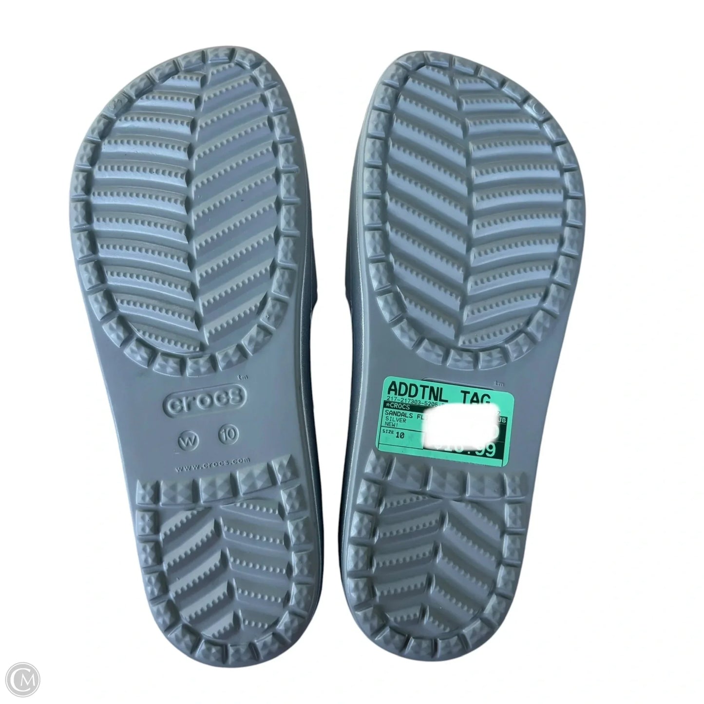 Sandals Flip Flops By Crocs In Silver, Size: 10