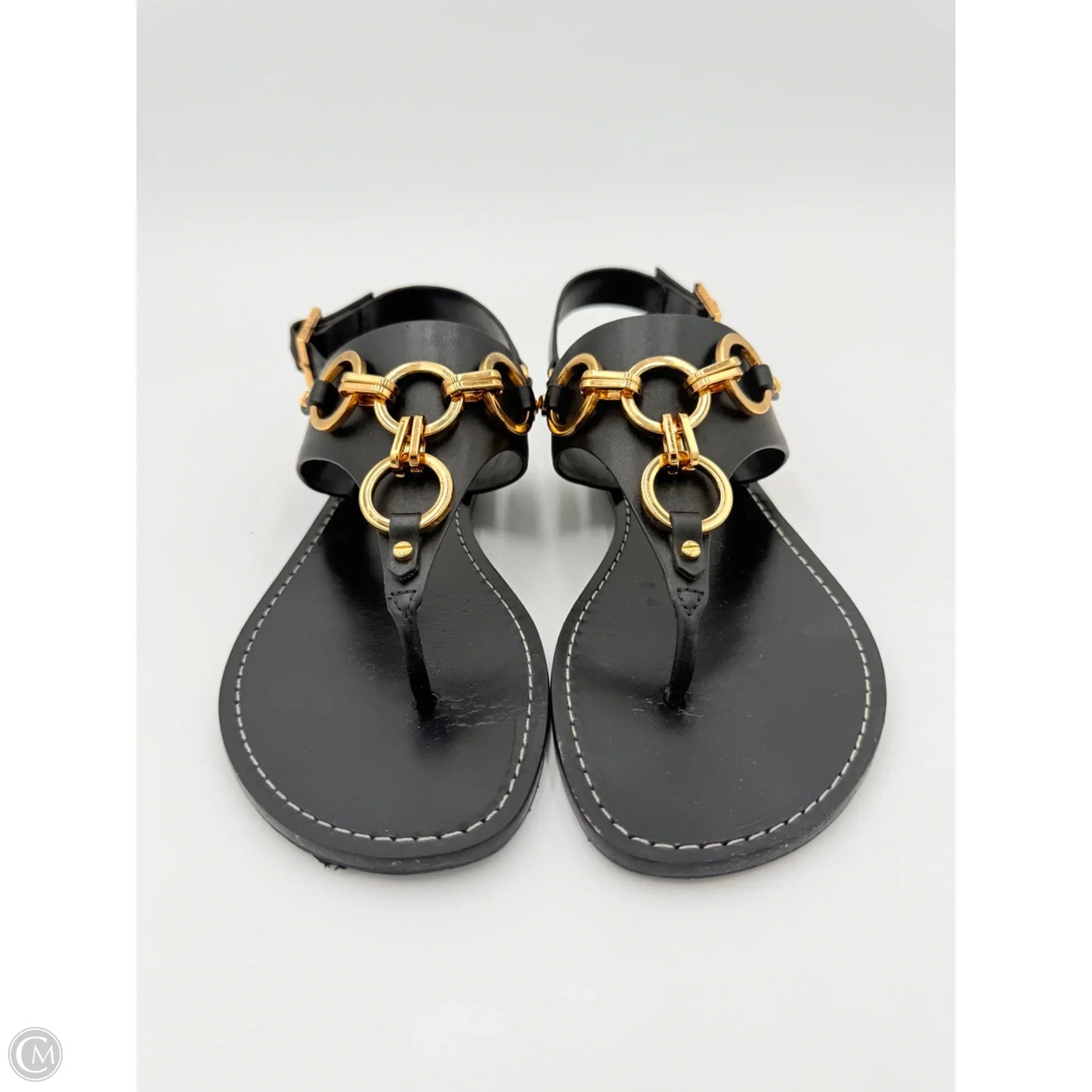 Sandals Designer By Tory Burch In Black & Gold, Size: 9.5