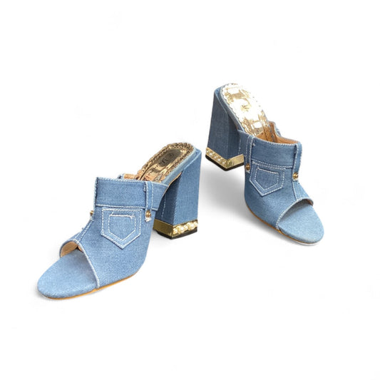 Shoes Heels Block By Clothes Mentor In Blue Denim, Size: 9.5