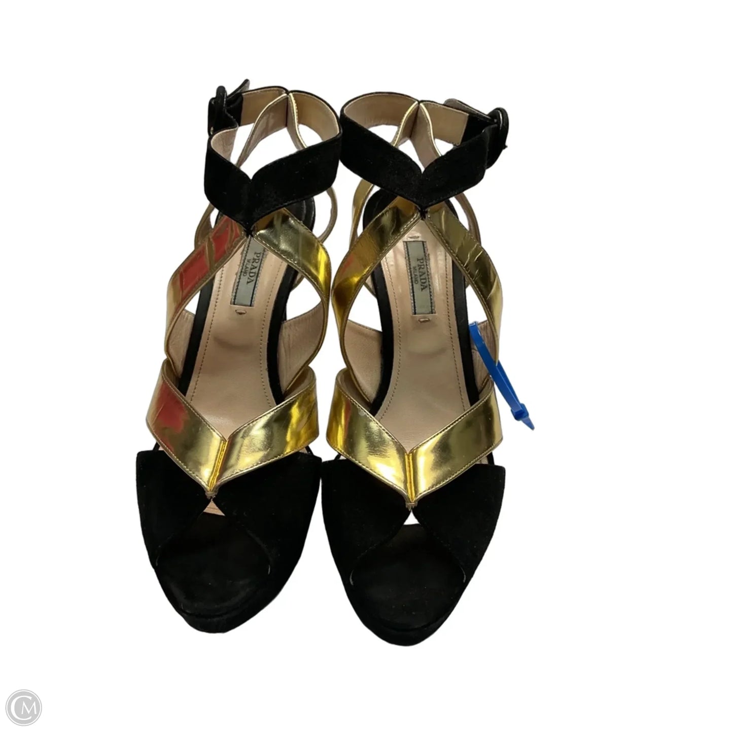 Shoes Luxury Designer By Prada In Black & Gold, Size: 9.5