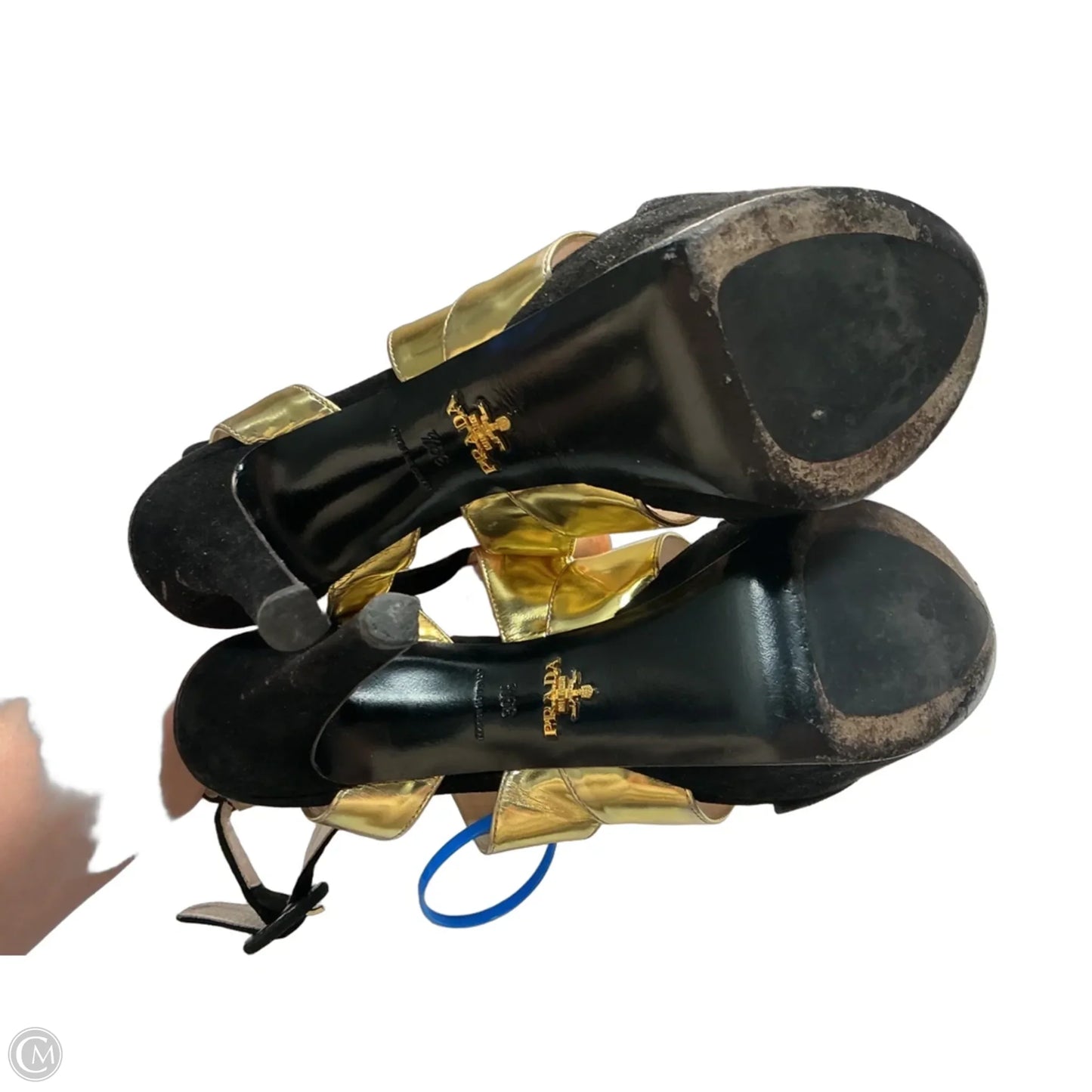 Shoes Luxury Designer By Prada In Black & Gold, Size: 9.5