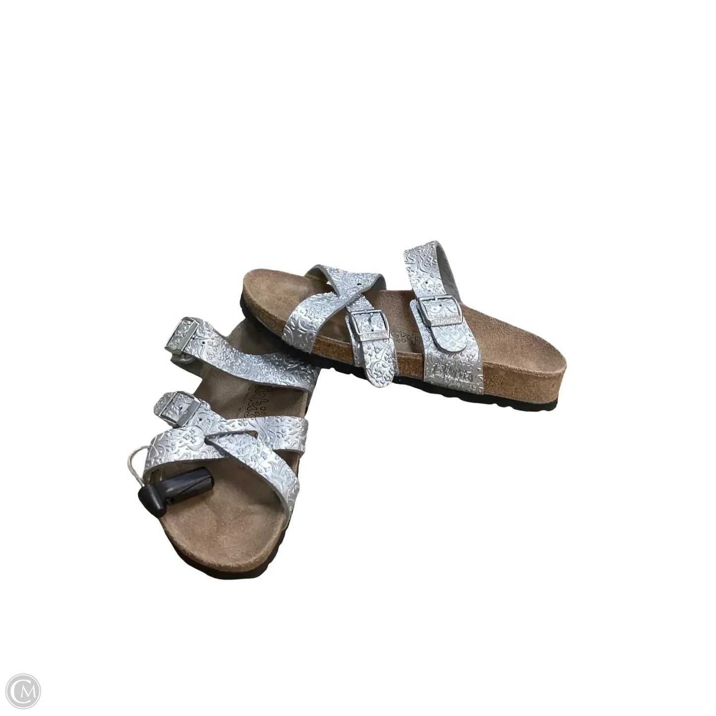 Sandals Flats By Birkenstock In Silver, Size: 6
