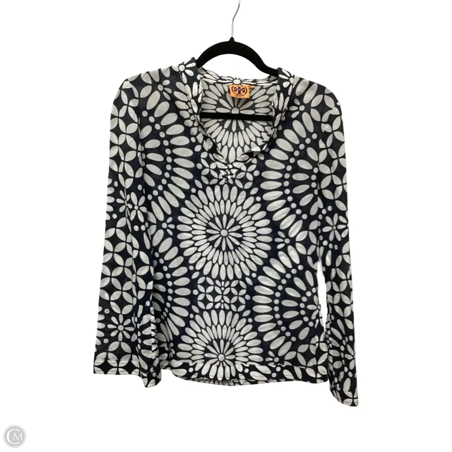 Designer Top Long Sleeve Designer By Tory Burch In Blue & White, Size: 4