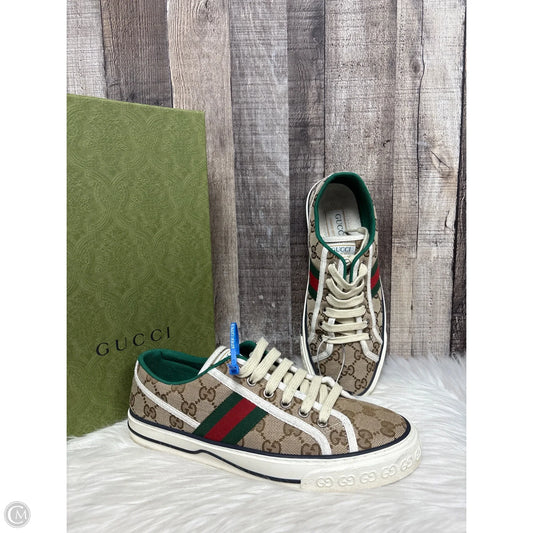 Shoes Luxury Designer By Gucci In Brown & Cream, Size: 9