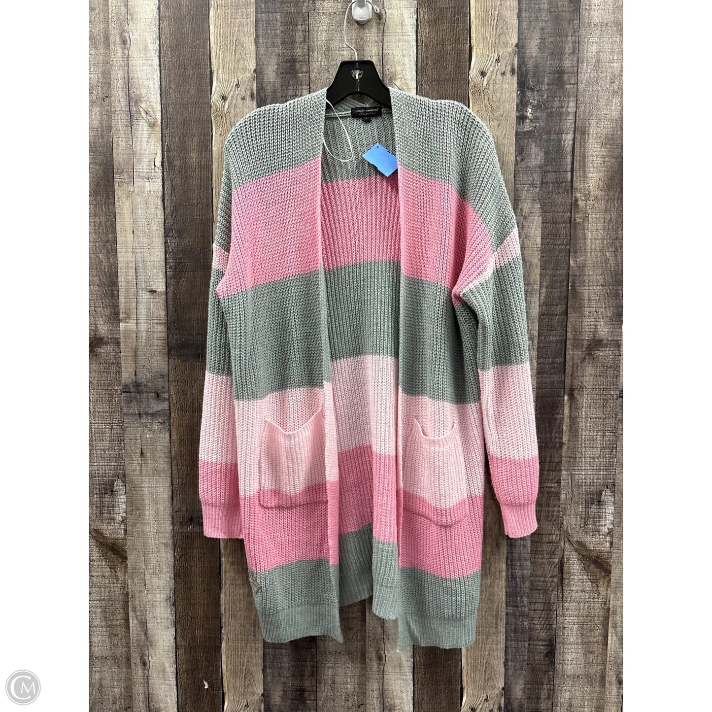 Sweater Cardigan By Simply Southern In Grey & Pink, Size: L