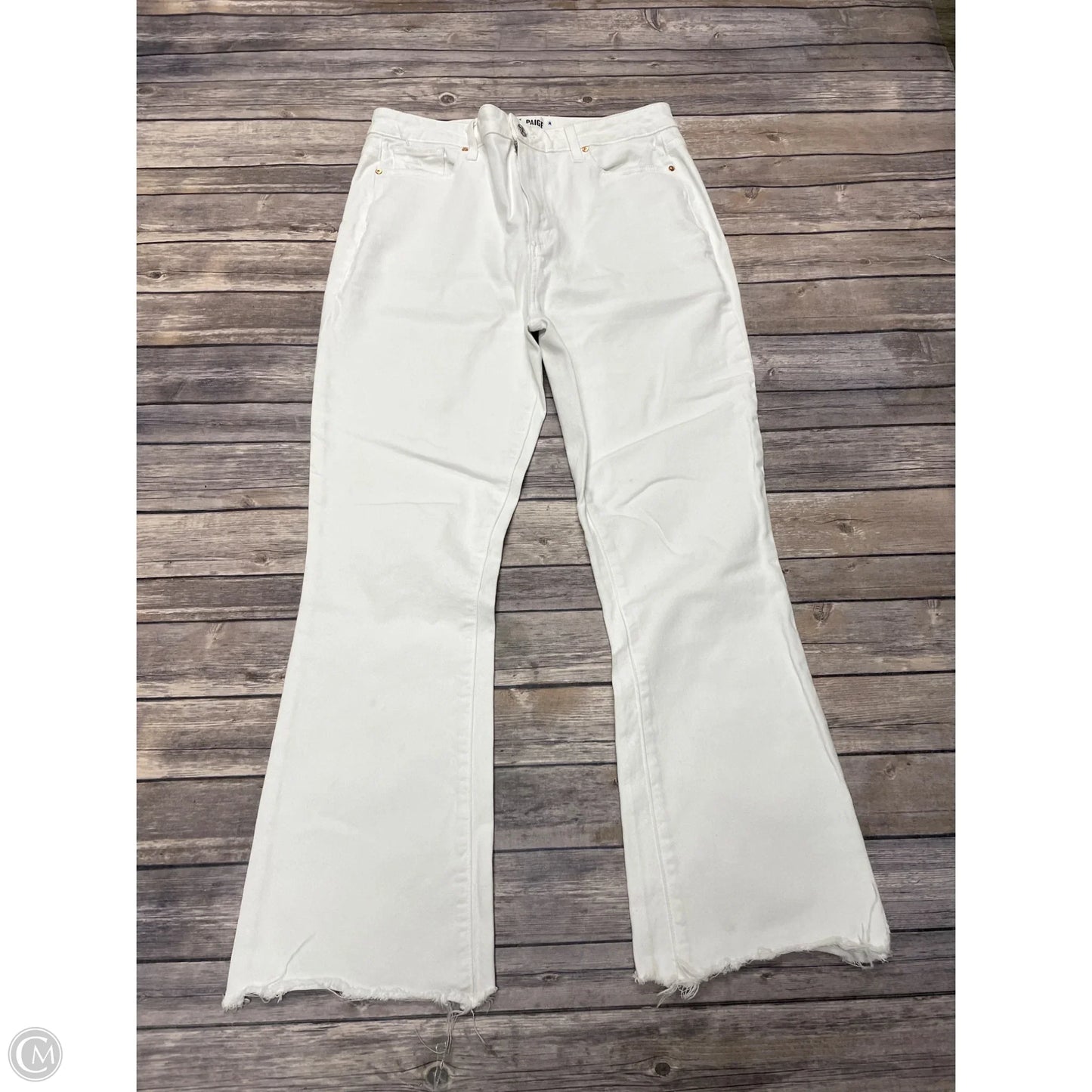 Jeans Flared By Paige In White Denim, Size: 12