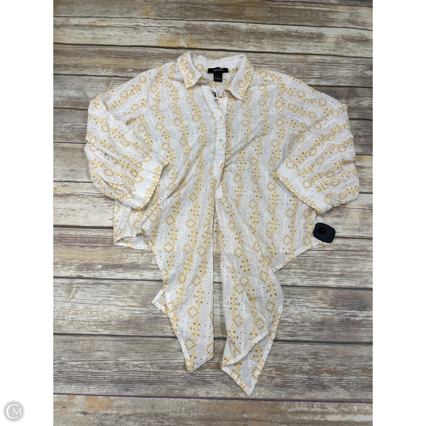Top Long Sleeve By Karen Kane In White & Yellow, Size: M