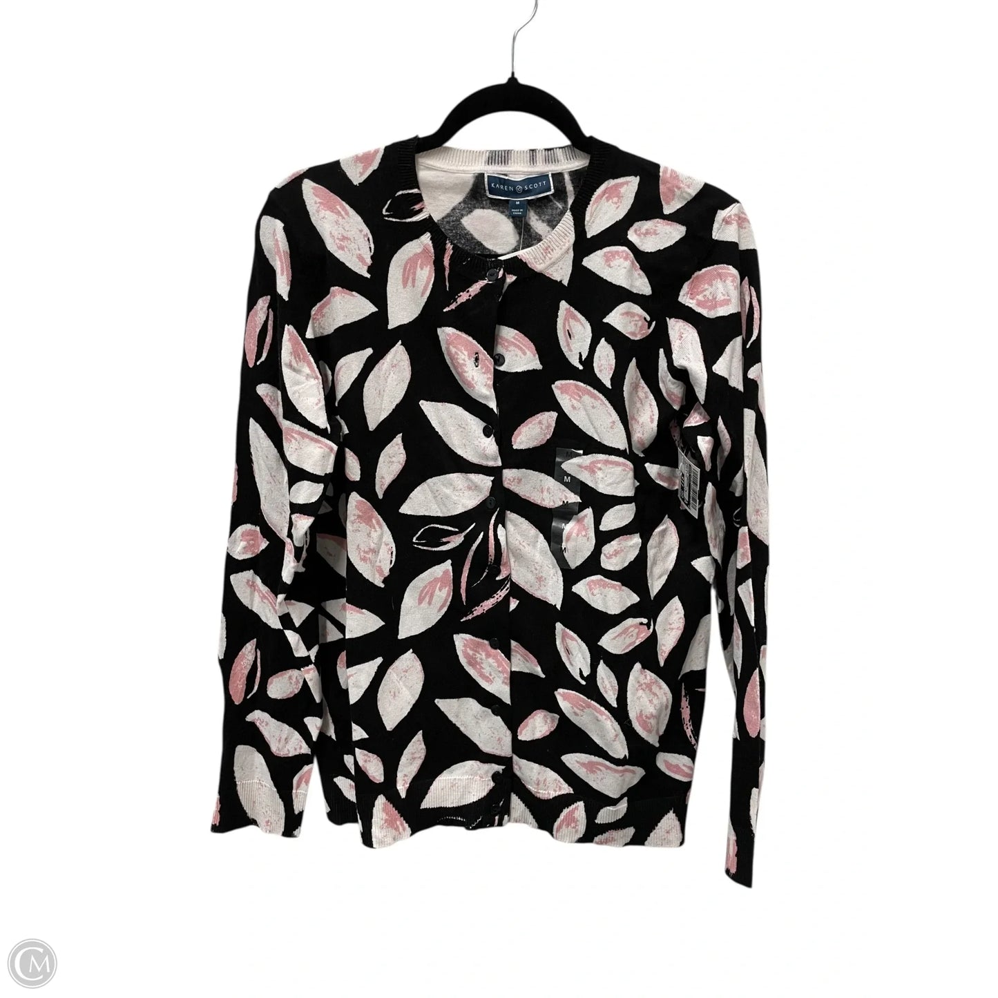 Sweater Cardigan By Karen Scott In Black & Pink, Size: M