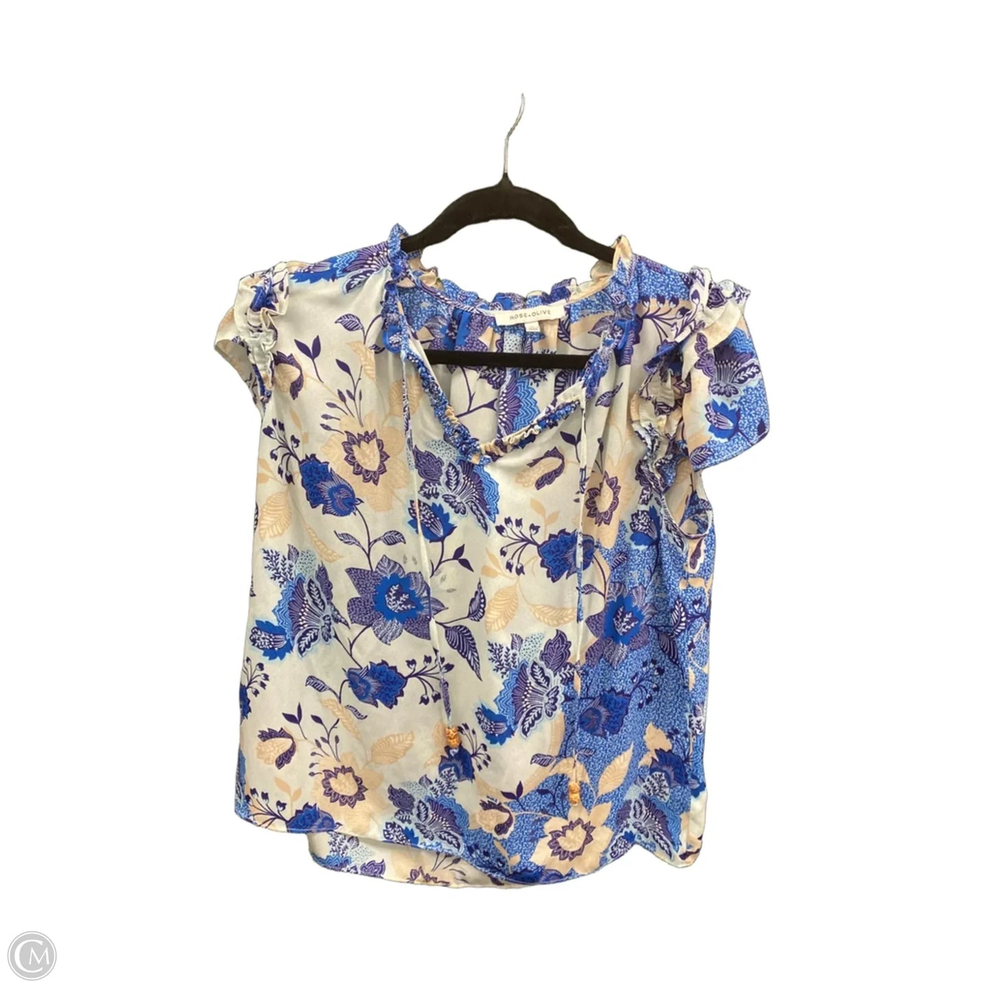 Blouse Short Sleeve By Rose And Olive In Blue & White, Size: L