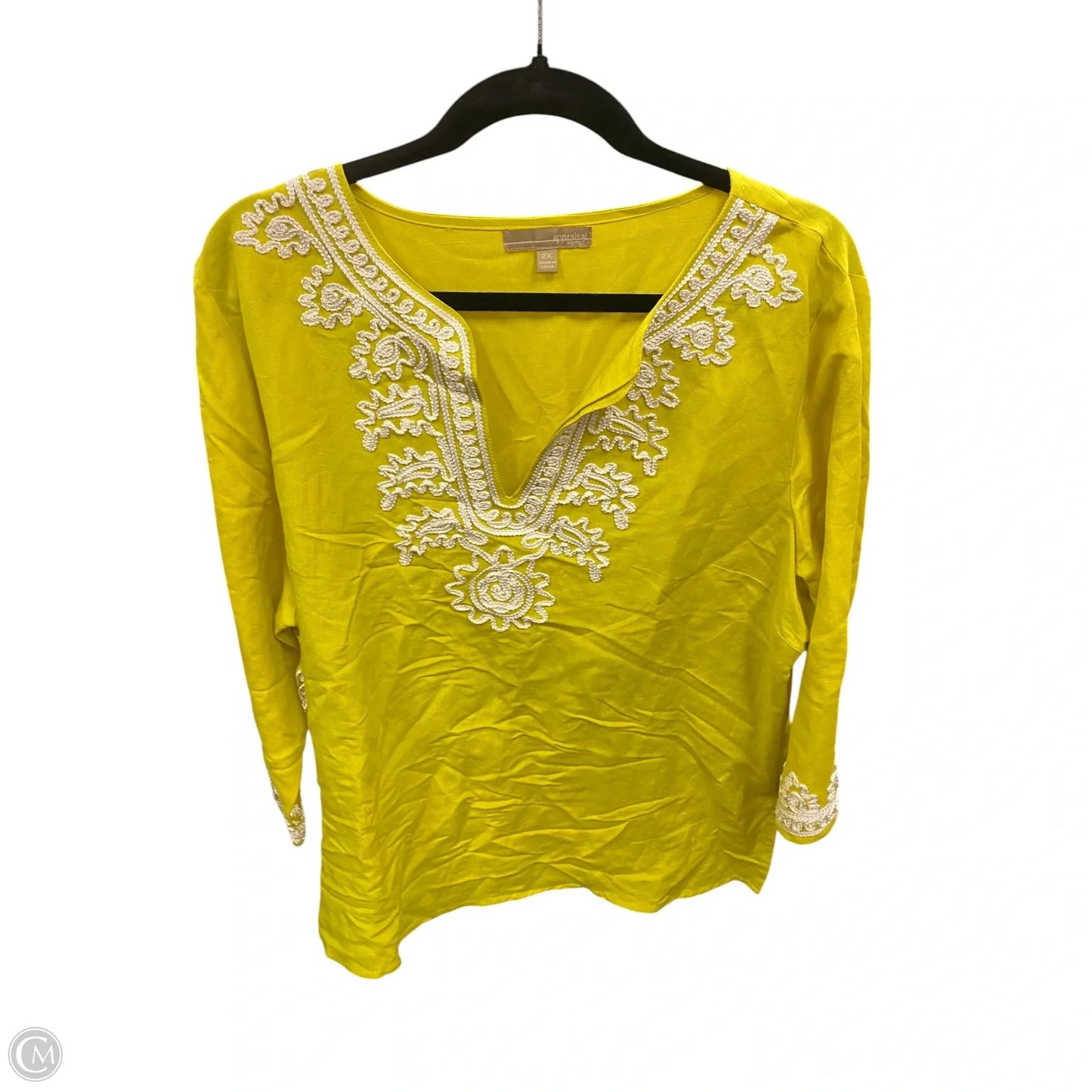Tunic 3/4 Sleeve By Clothes Mentor In Gold & White, Size: 2x