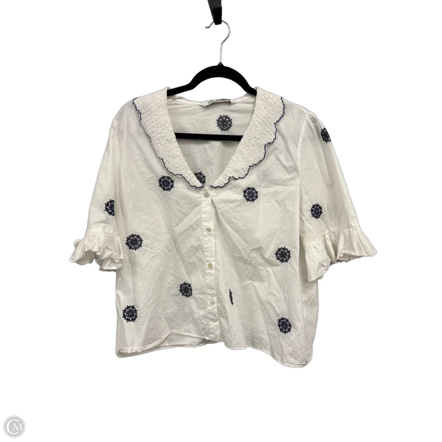 Top Short Sleeve By Zara In Blue & White, Size: L