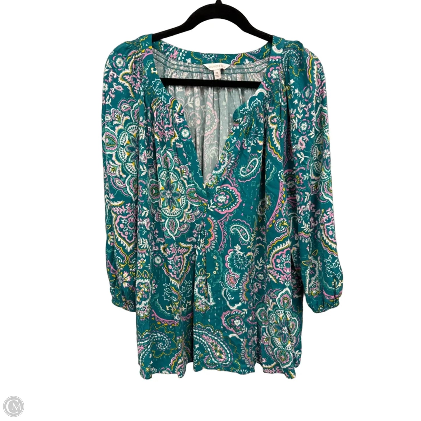 Top 3/4 Sleeve By Crown And Ivy In Green & Pink, Size: 2x