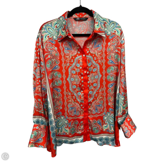 Blouse Long Sleeve By Zara In Blue & Orange, Size: L