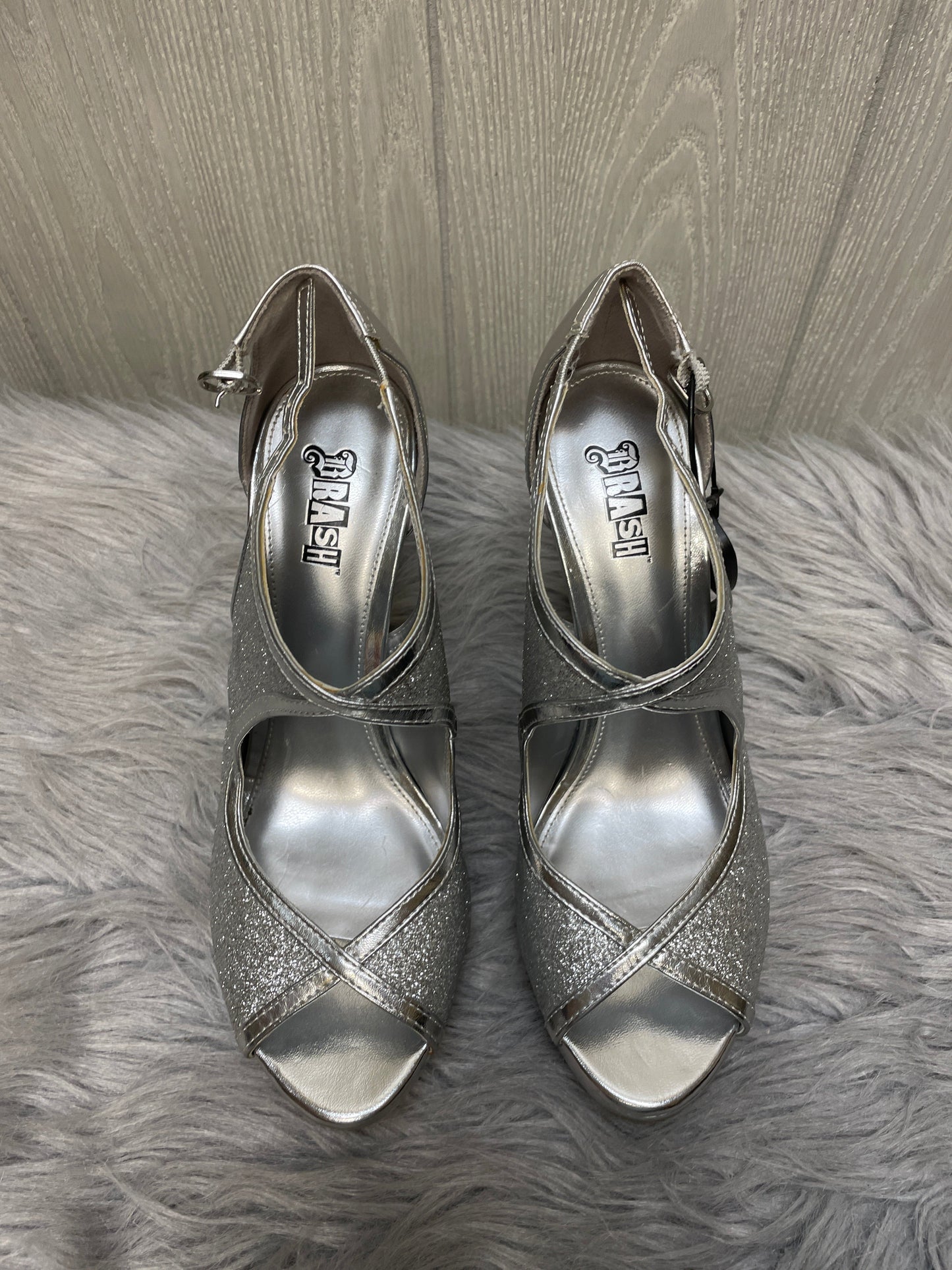 Sandals Heels Stiletto By Brash In Silver, Size: 8