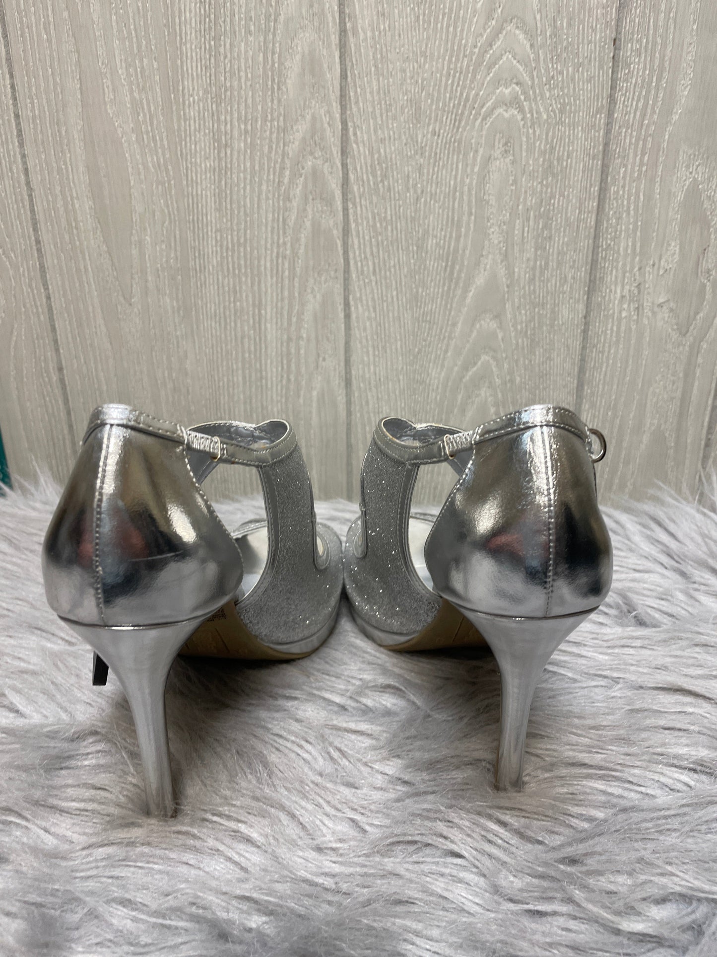 Sandals Heels Stiletto By Brash In Silver, Size: 8