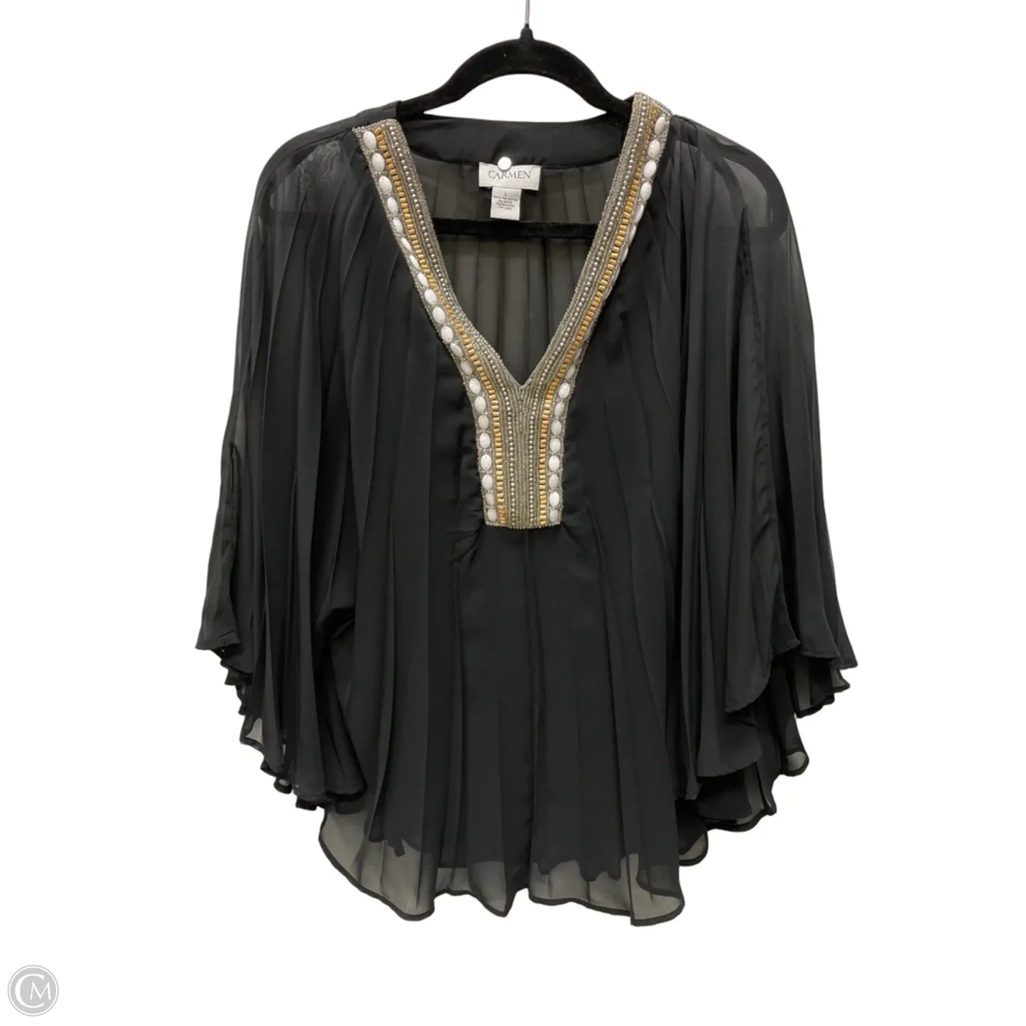 Blouse Short Sleeve By Carmen Marc Valvo In Black, Size: L