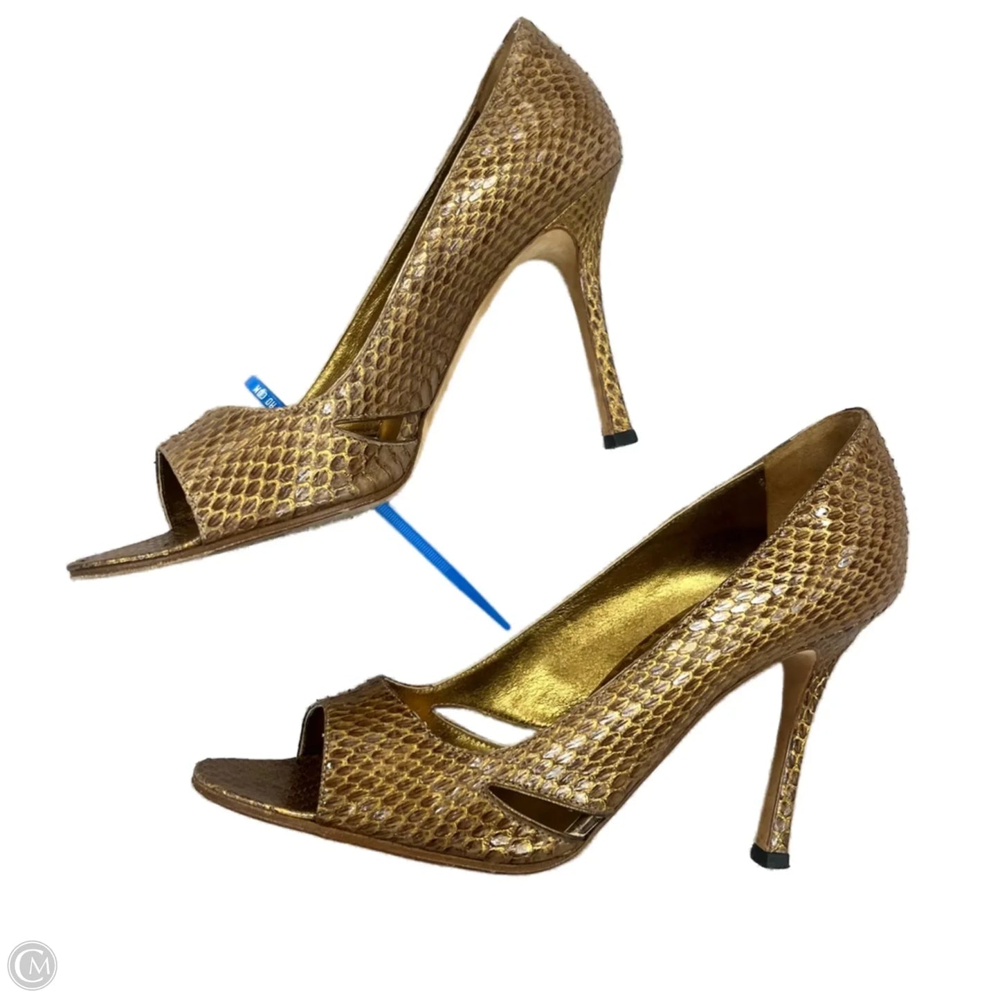 Sandals Luxury Designer By Manolo Blahnik In Gold, Size: 7.5