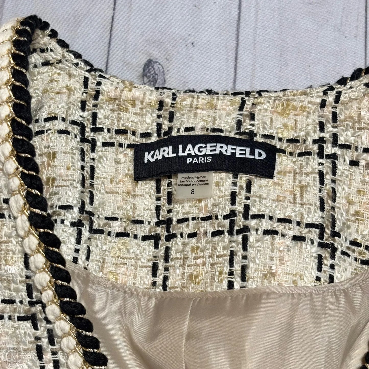 Blazer Designer By Karl Lagerfeld In Black & Tan, Size: M