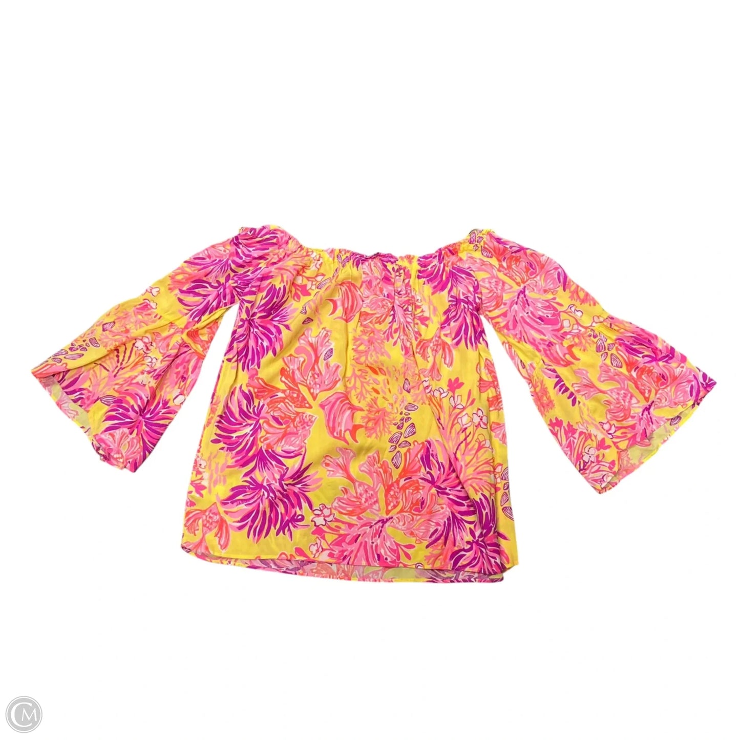Top Short Sleeve Designer By Lilly Pulitzer In Purple & Yellow, Size: S