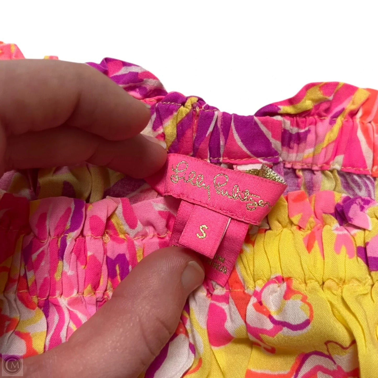 Top Short Sleeve Designer By Lilly Pulitzer In Purple & Yellow, Size: S