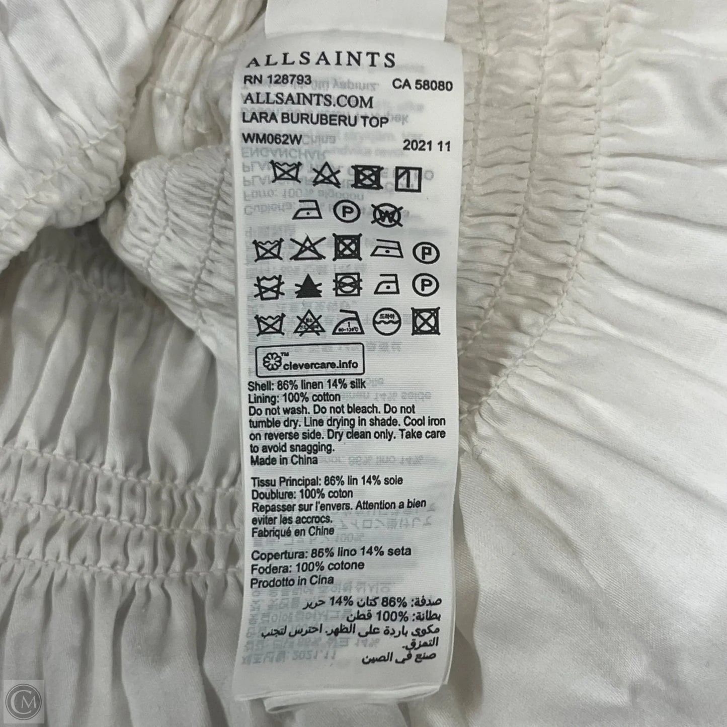Top Long Sleeve Designer By All Saints In Blue & White, Size: S