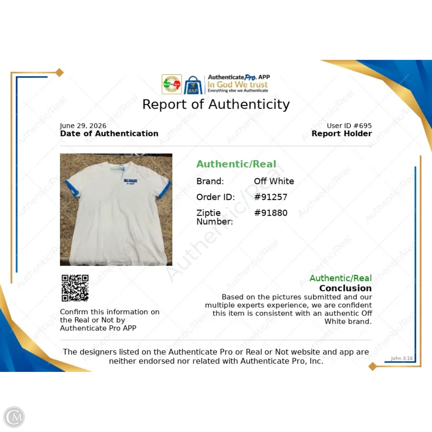 Top Short Sleeve Luxury Designer By Off-white In Blue & White, Size: L