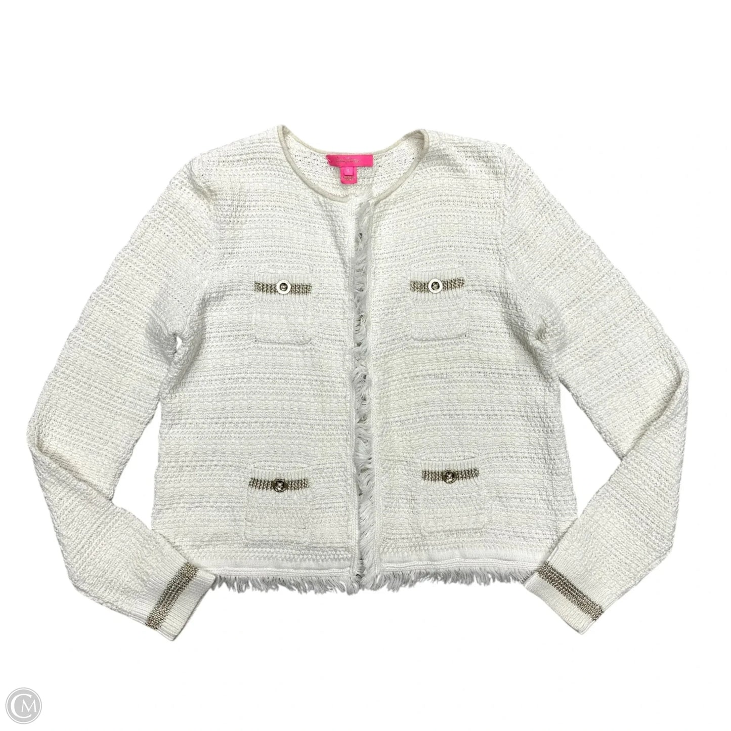 Sweater Cardigan Designer By Lilly Pulitzer In Gold & White, Size: L
