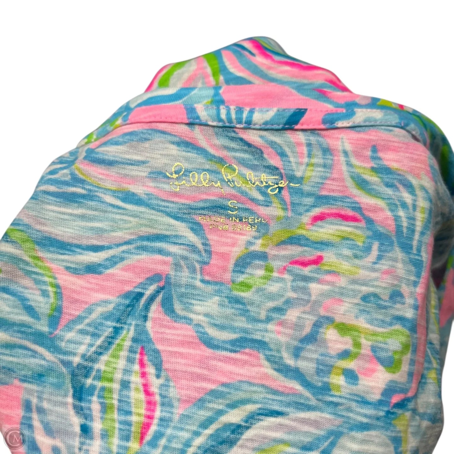 Top Short Sleeve Designer By Lilly Pulitzer In Blue & Pink, Size: S