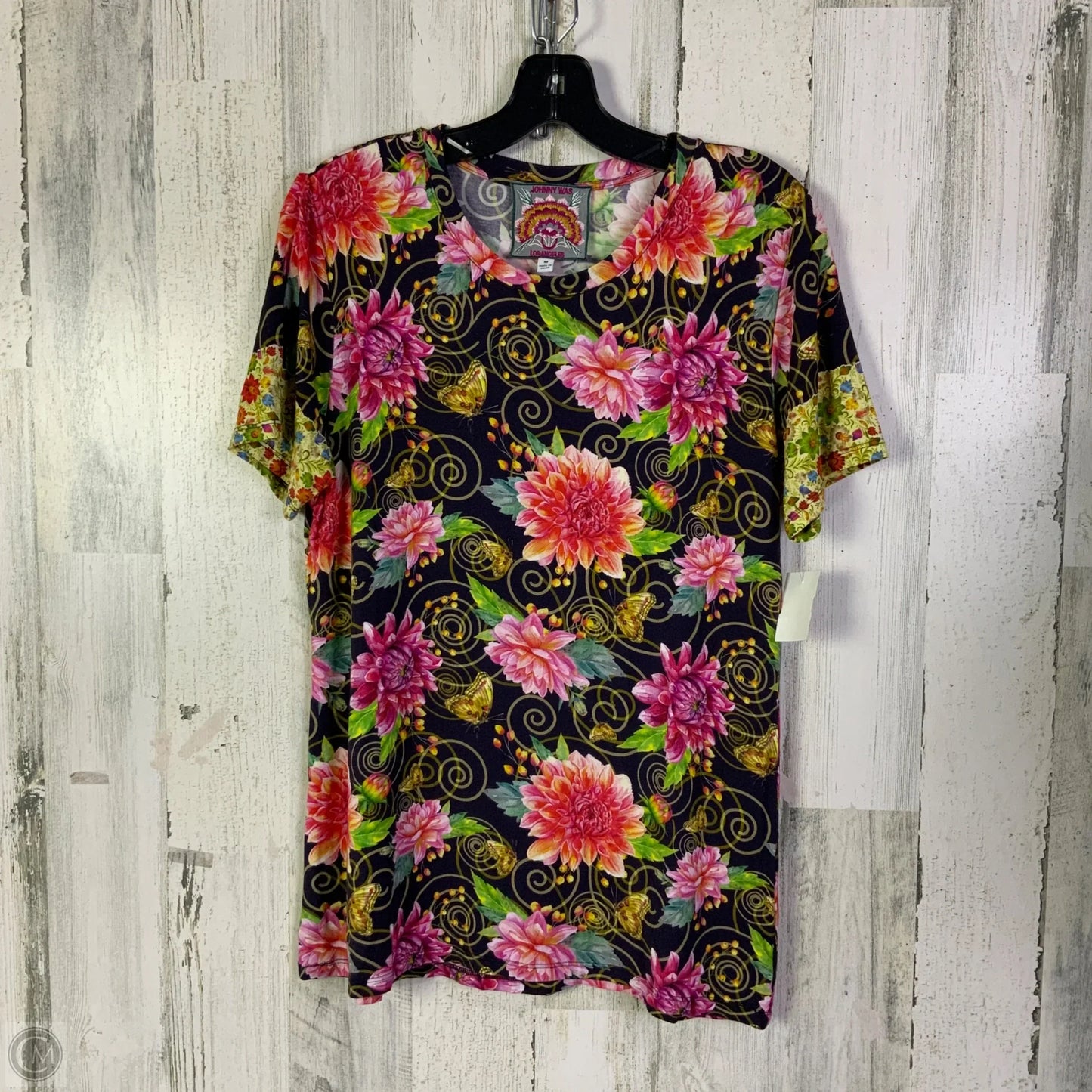 Top Short Sleeve Designer By Johnny Was In Black & Pink, Size: M