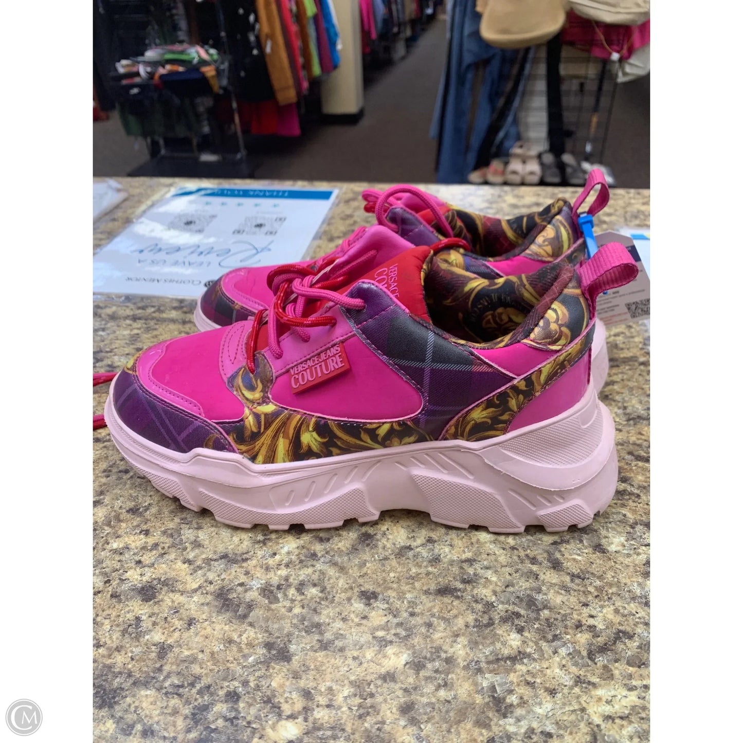 Shoes Luxury Designer By Versace In Pink & Yellow, Size: 6.5