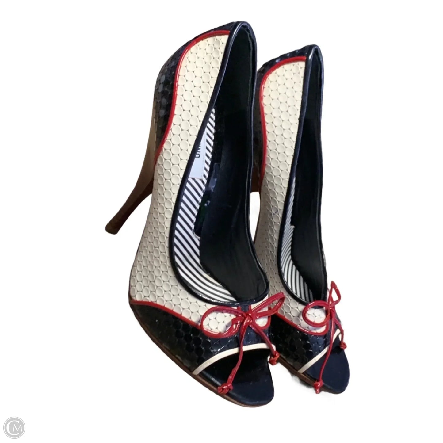 Shoes Luxury Designer By Moschino In Black & Cream, Size: 7