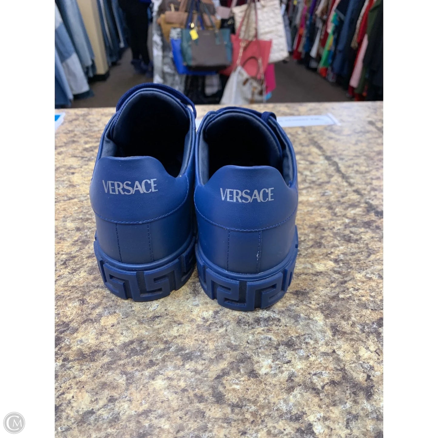 Shoes Luxury Designer By Versace In Blue, Size: 9