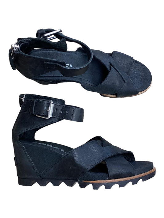 Black Sandals Heels Wedge Sorel, Size 7.5