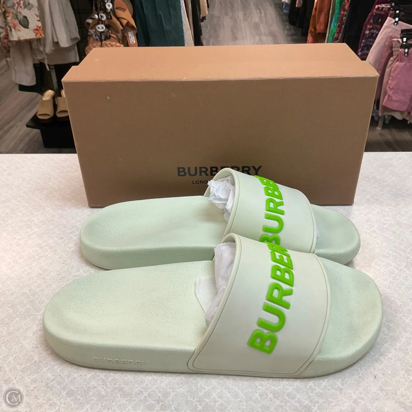 Sandals Luxury Designer By Burberry In Green, Size: 7