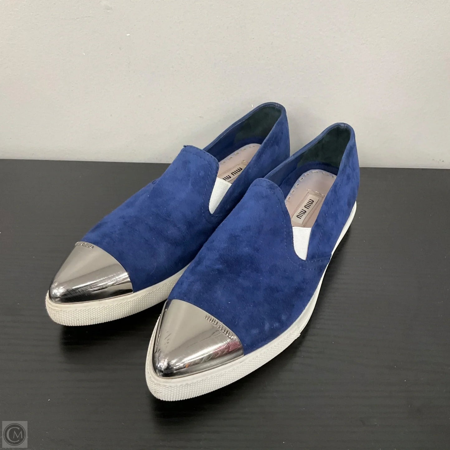Shoes Luxury Designer By Miu Miu In Blue & Silver, Size: 6.5