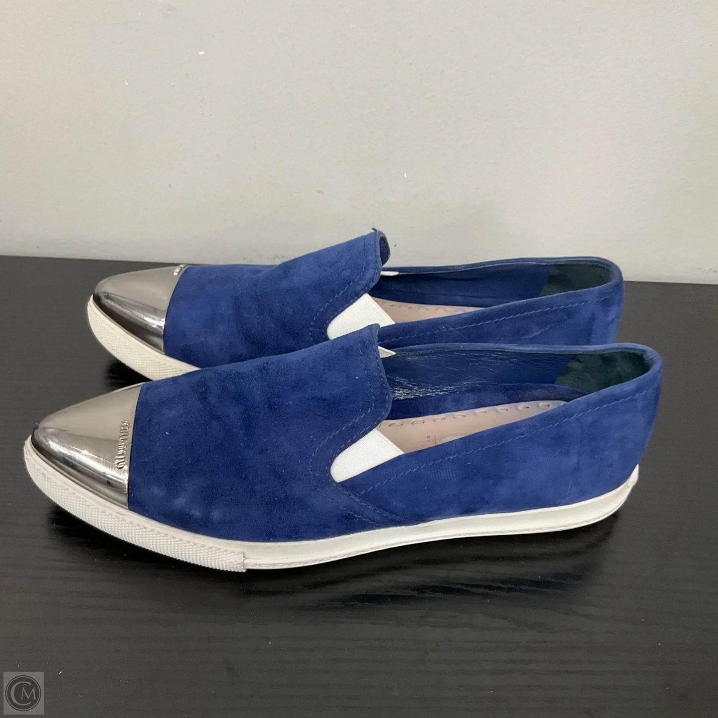Shoes Luxury Designer By Miu Miu In Blue & Silver, Size: 6.5