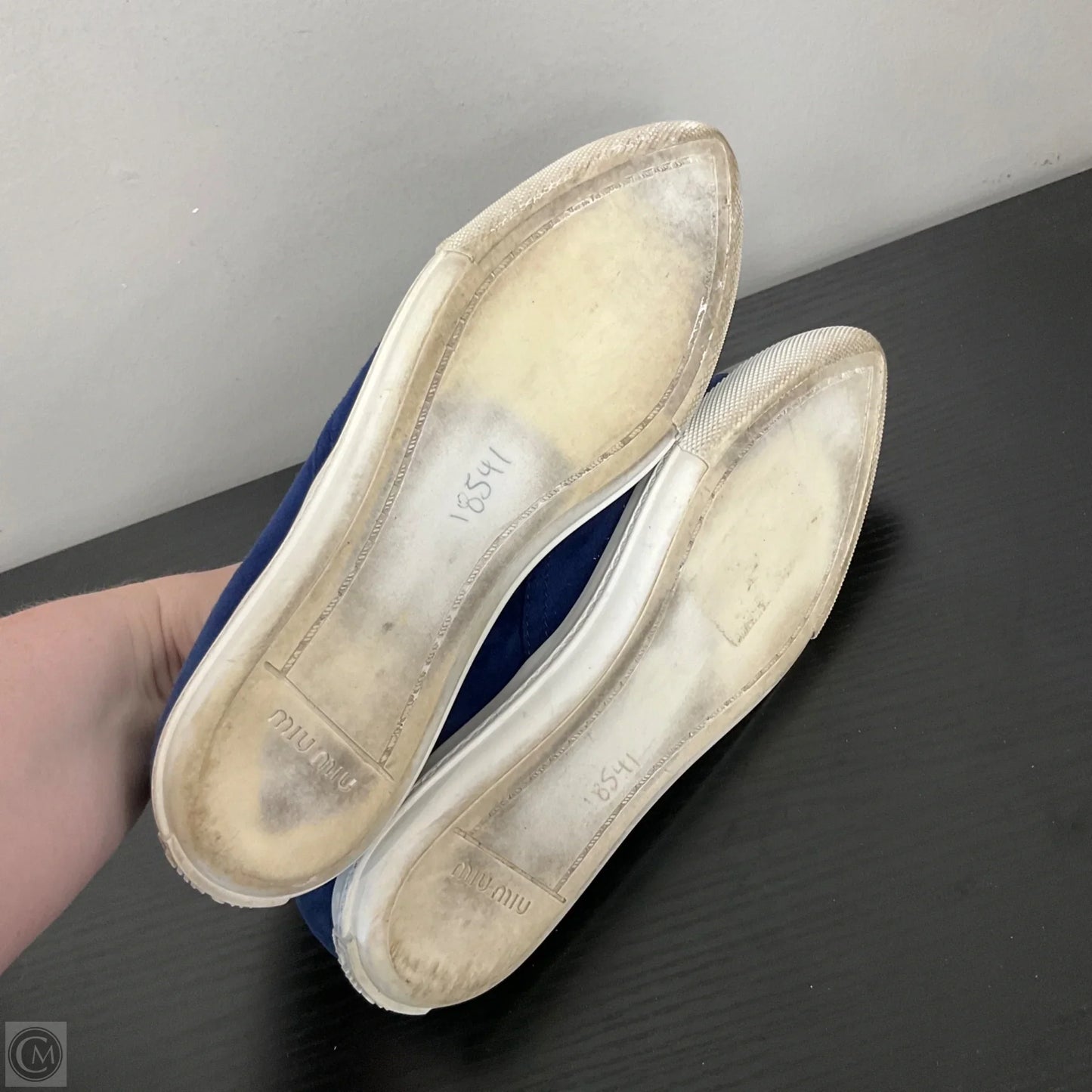 Shoes Luxury Designer By Miu Miu In Blue & Silver, Size: 6.5