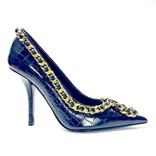 Shoes Luxury Designer By Burberry In Black & Gold, Size: 7.5