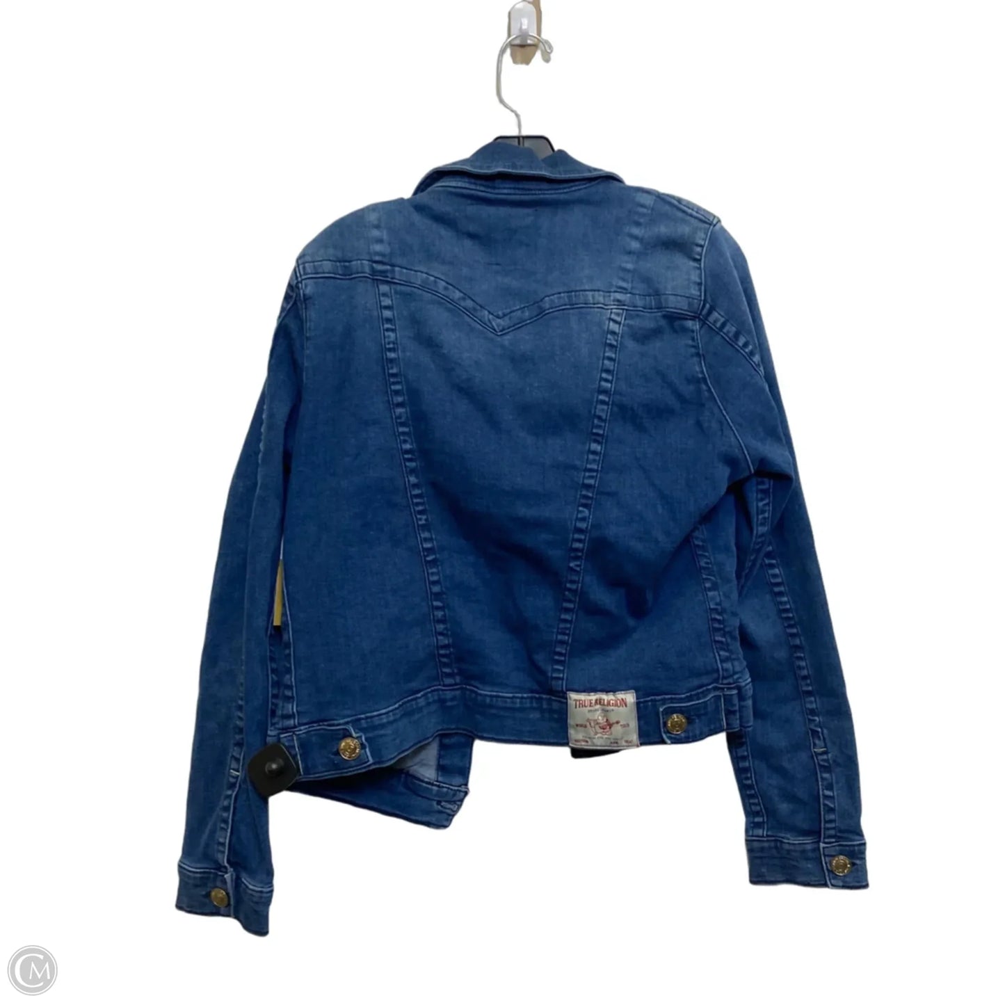 Jacket Designer By True Religion In Blue Denim, Size: L