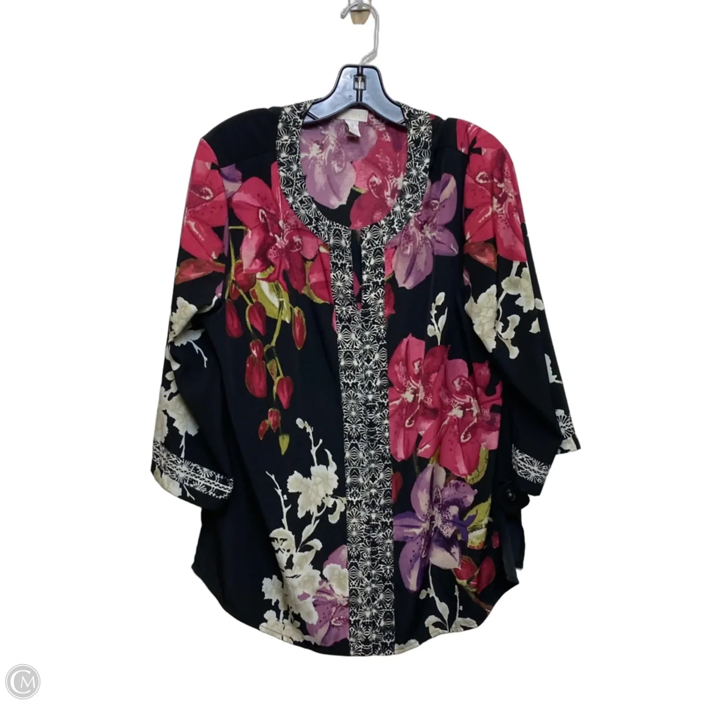 Top 3/4 Sleeve By Chicos In Black & Pink, Size: L
