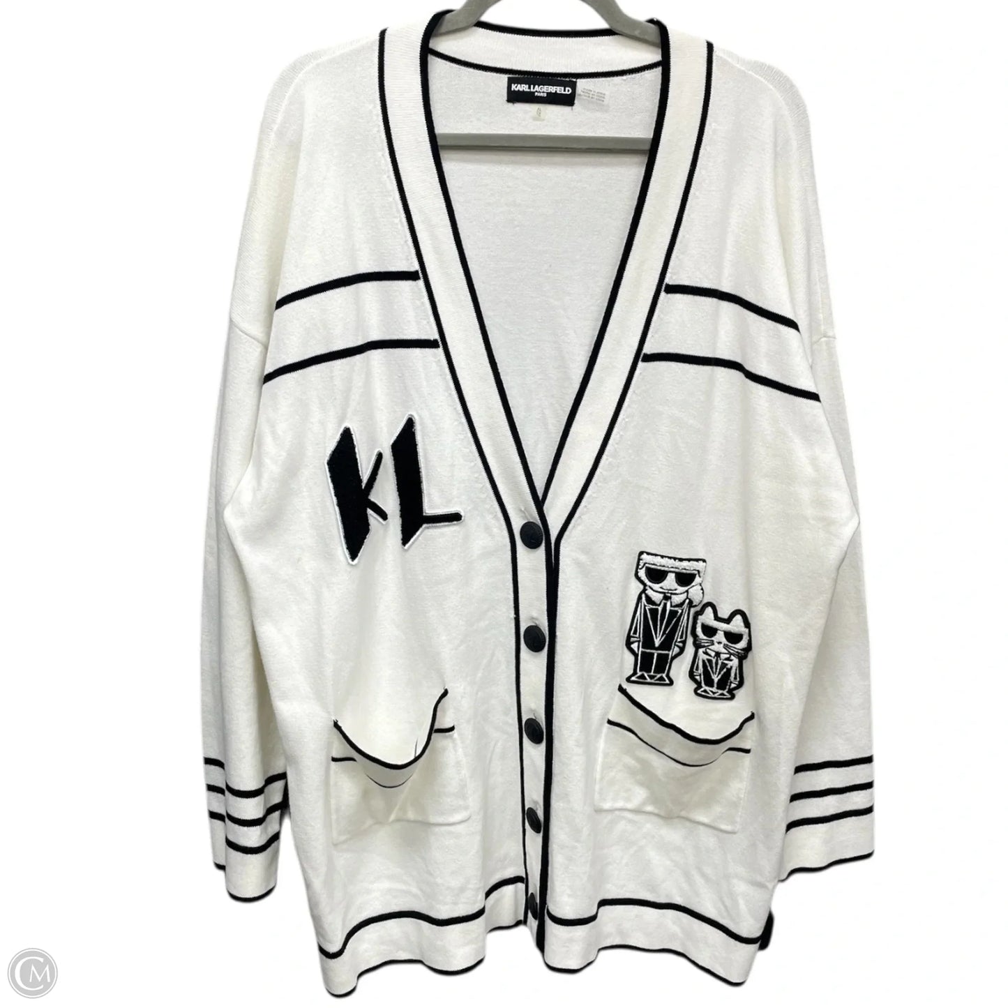 Sweater Cardigan Designer By Karl Lagerfeld In Black & White, Size: Xl