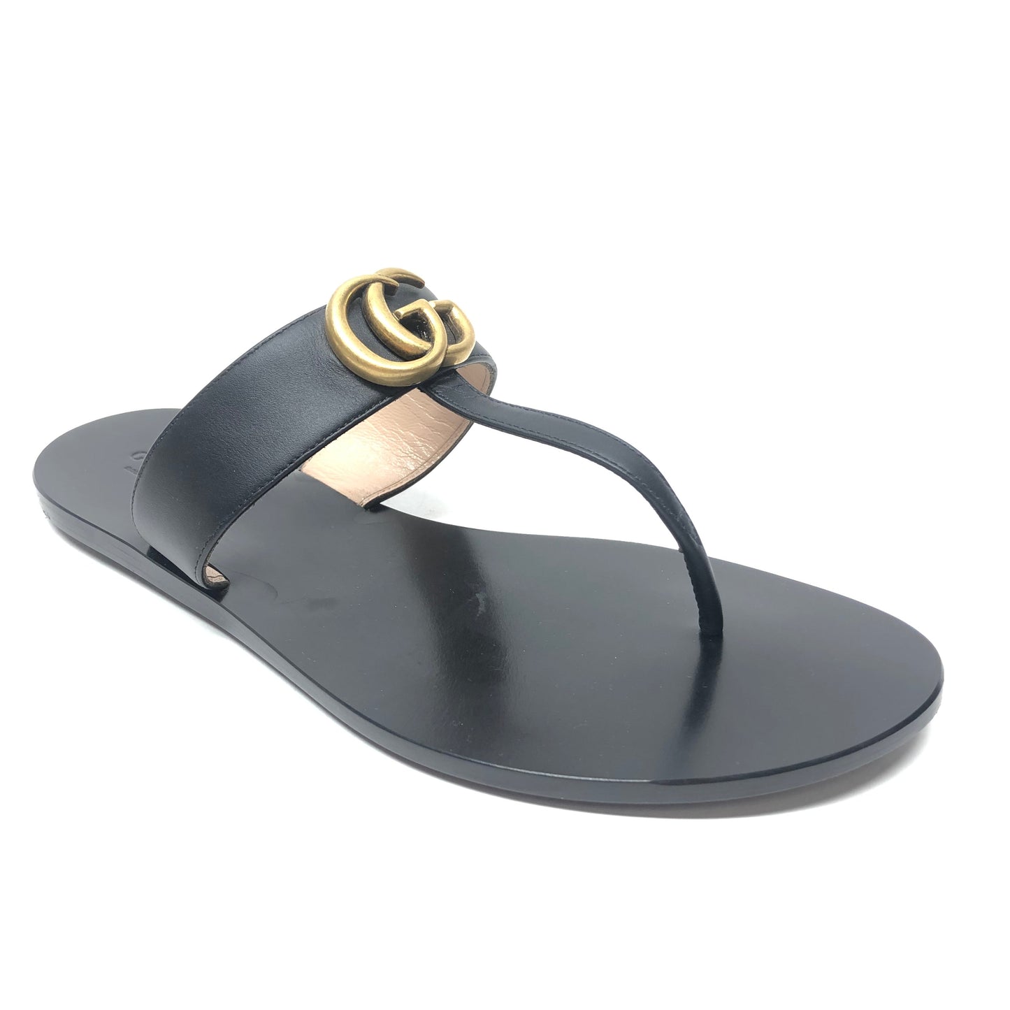 Sandals Luxury Designer By Gucci In Black & Gold, Size: 10.5