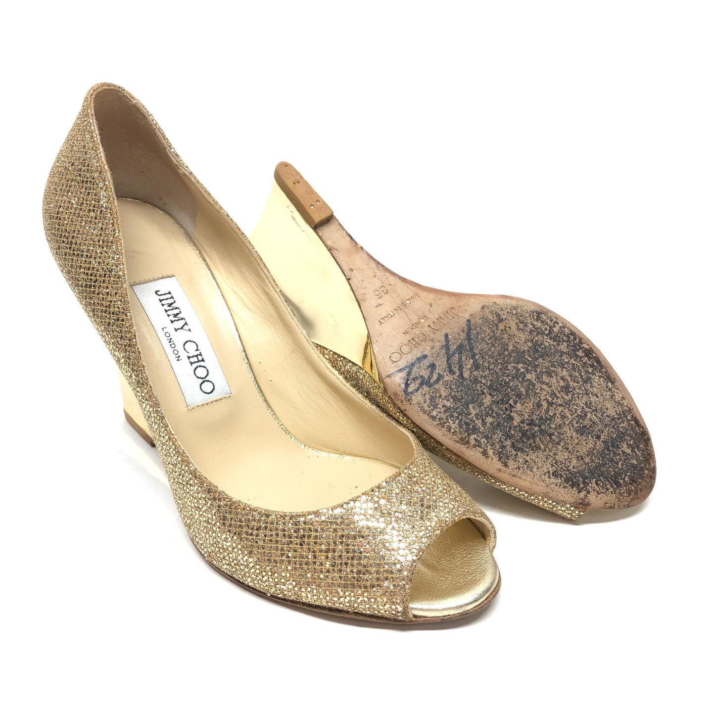 Shoes Luxury Designer By Jimmy Choo In Gold, Size: 5.5