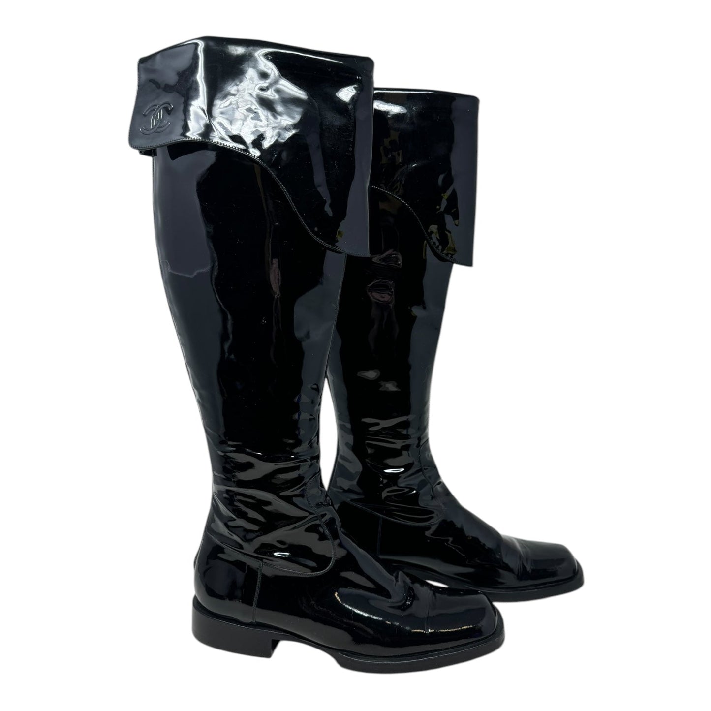 Interlocking C Foldover Patent Leather Combat Boots Luxury Designer By Chanel In Black, Size: 7.5