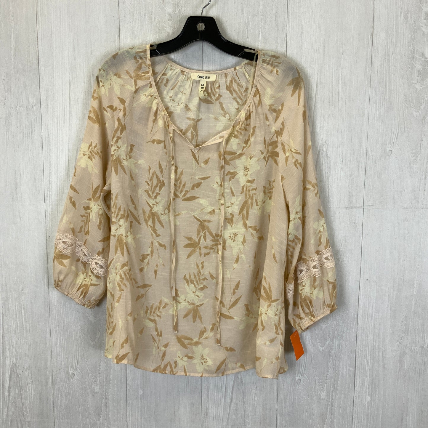 Cream & Pink Top 3/4 Sleeve Clothes Mentor, Size L