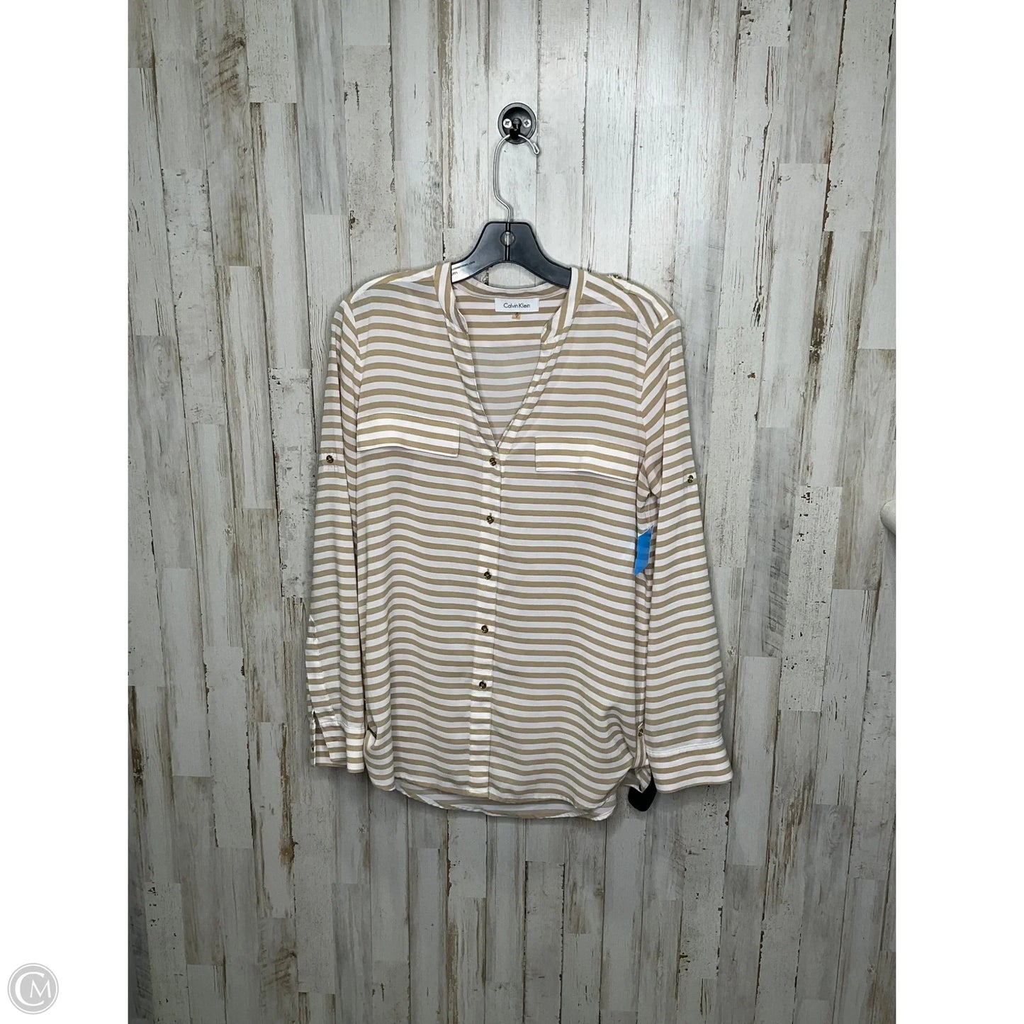 Top Long Sleeve By Calvin Klein In Brown & White, Size: S