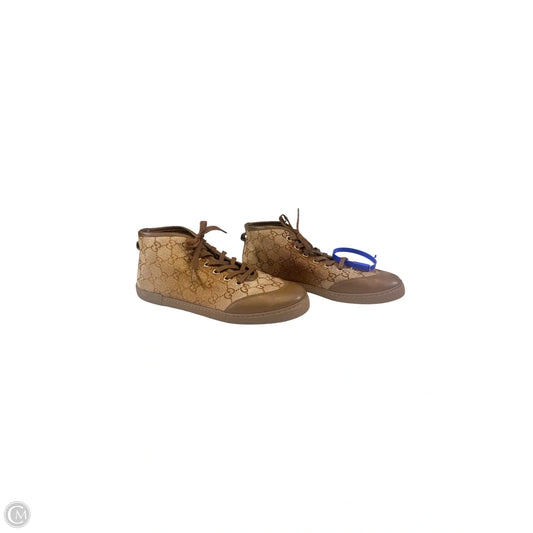 Shoes Luxury Designer By Gucci In Brown & Gold, Size: 7
