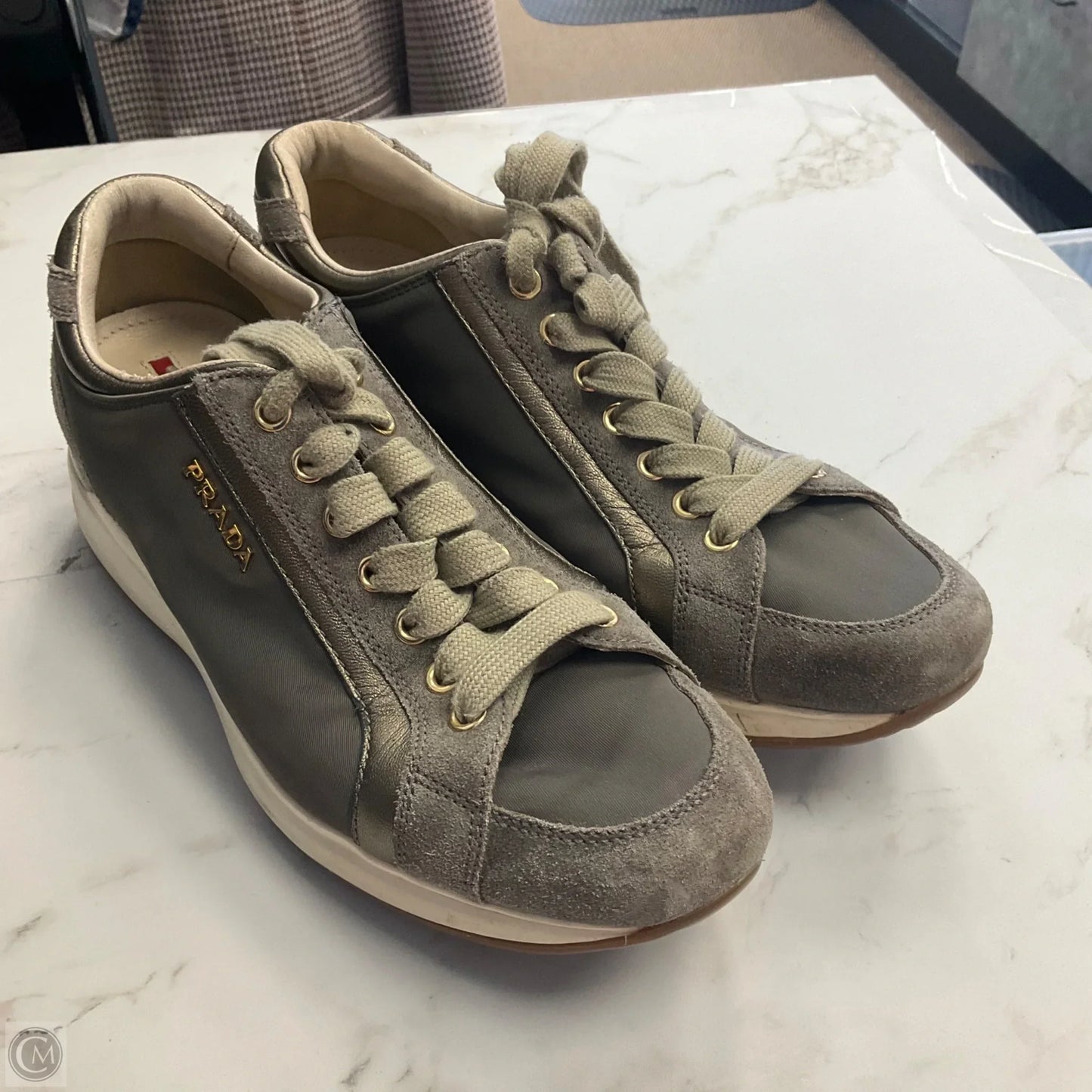 Shoes Luxury Designer By Prada In Green & White, Size: 7