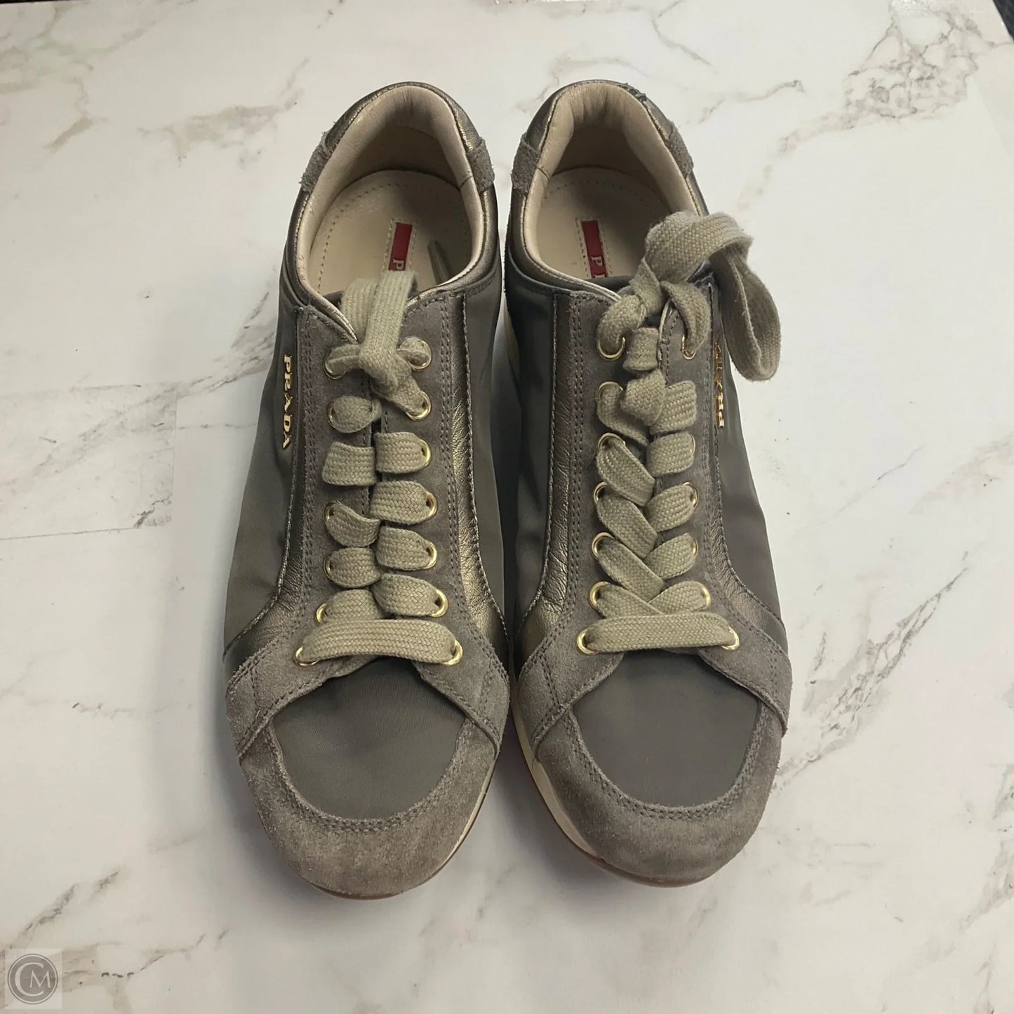 Shoes Luxury Designer By Prada In Green & White, Size: 7